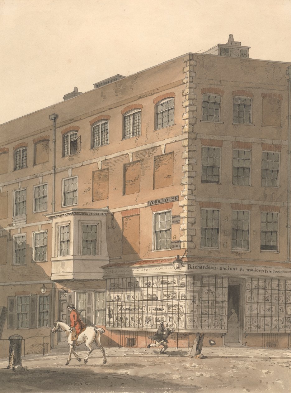 York House, róg Villiers Street i Strand, ze starożytnym i nowoczesnym magazynem drukarskim Richardsona na pierwszym planie autorstwa George Shepheard