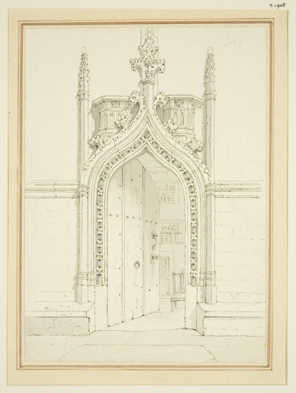 Wejście do pokoju zakrystii St Mary Redcliffe, c.1812 (ołówek i akwarela na papierze) autorstwa George Shepherd