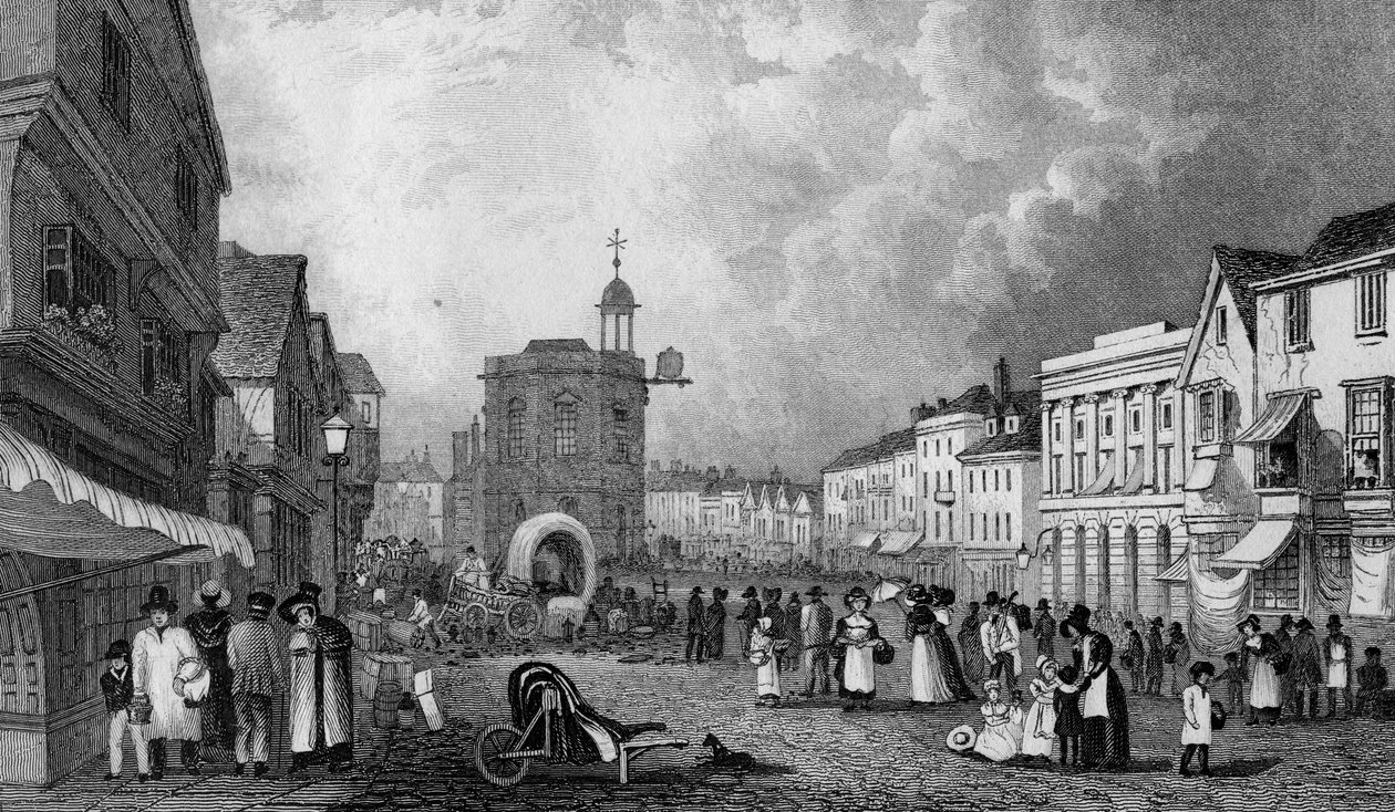 High Street, Maidstone, A Market Day, grawerowane przez S. Lacey, opublikowane 1832 autorstwa George Shepherd