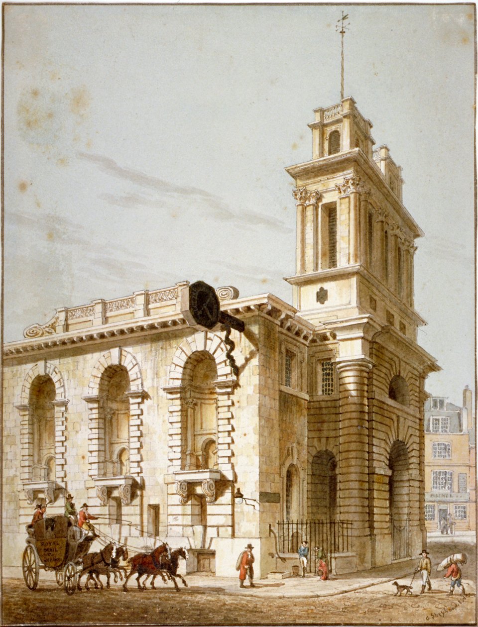 Widok północno-zachodni kościół St Mary Woolnoth, City of London, 1812 autorstwa George Shepherd
