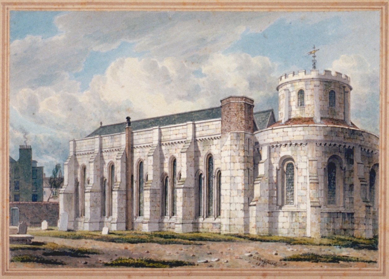 Widok kościoła Temple z drugiej strony cmentarza, City of London, 1811 autorstwa George Shepherd