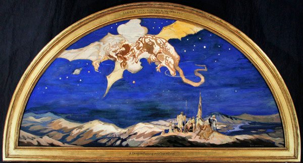 The Dragon Passing Over Travelers (akwarela z body & złoto na jedwabiu) autorstwa George Sheringham
