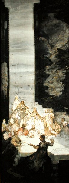 Opowieść o Kynonie, synu Clydno, gdy król Artur przebywał w Caerllan upon Usk (akwarela z farbą do ciała i złotą farbą na jedwabiu) autorstwa George Sheringham