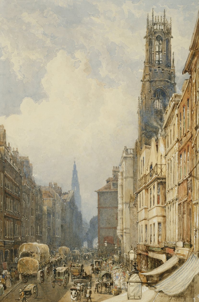 Fleet Street patrząc na Temple Bar ze starymi St. Dunstans i St. Clement Danes, 1834 autorstwa George Sidney Shepherd