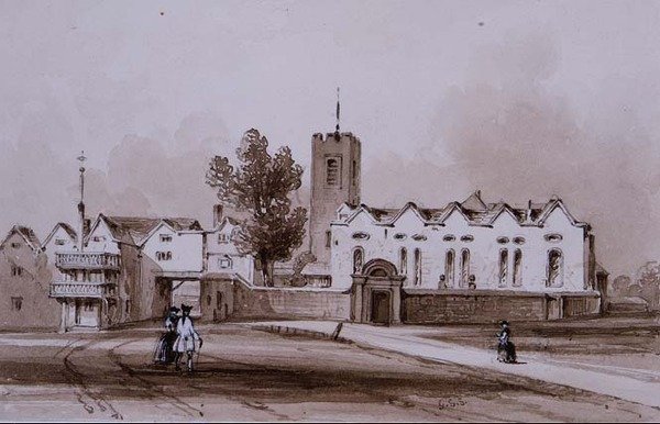 Highgate School and Chapel, ok. 1840 (rysunek wash w sepii) autorstwa George Sidney Shepherd