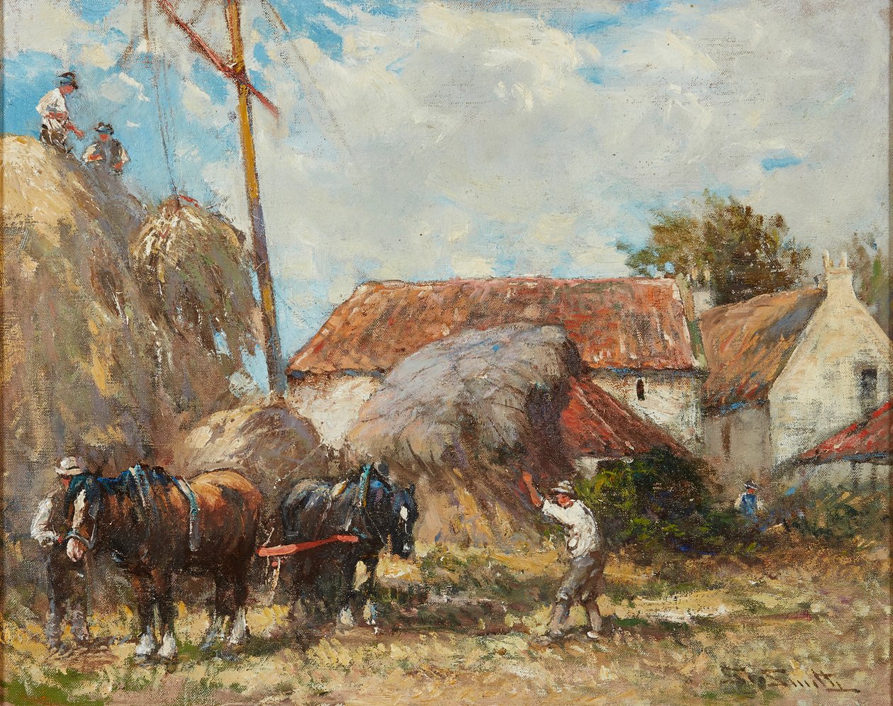 Praca na kole pasowym siana (olej na płótnie) autorstwa George Smith