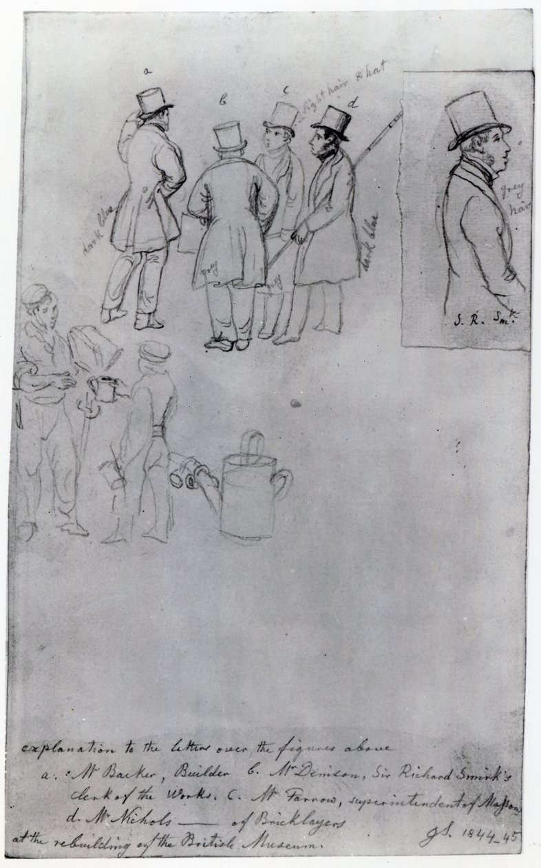 Budowniczowie i geodeci podczas przebudowy British Museum, 1844 (ołówek na papierze) autorstwa George Snr Scharf
