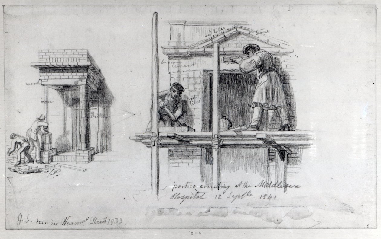 Wznoszenie portyków w Newham Street i Middlesex Hospital, Londyn, 1833 i 1840 autorstwa George Snr Scharf