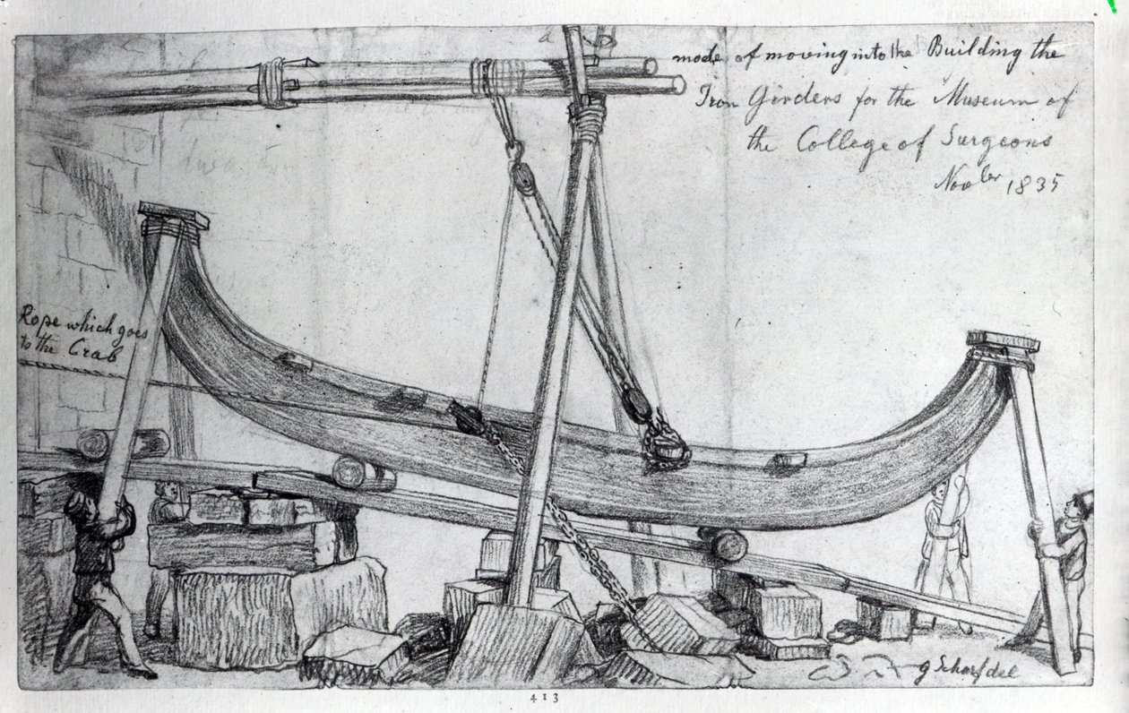 Przenoszenie żelaznych dźwigarów używanych do budowy Muzeum Hunterian w Royal College of Surgeons, 1835 autorstwa George Snr Scharf