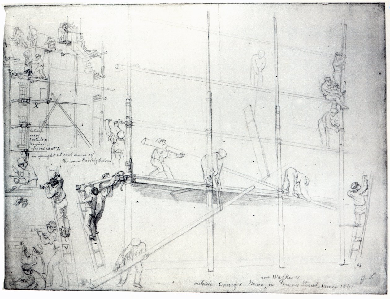 Stawianie rusztowania przed domem Craiga, Francis Street, Londyn, 1841 autorstwa George Snr Scharf