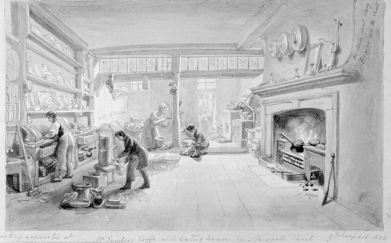 Kuchnia kawiarni i restauracji pana Sandera, Newgate Street, 1828 autorstwa George Snr Scharf