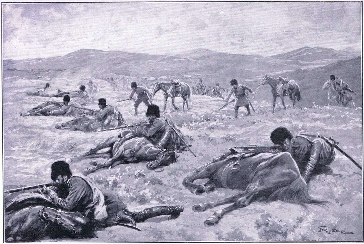 Kozak i jego koń: urządzenie do zabezpieczania osłony podczas potyczki, ilustracja z Cassells History of the rosyjsko-japońskiej wojny t. 1, ok. 1900 autorstwa George Soper