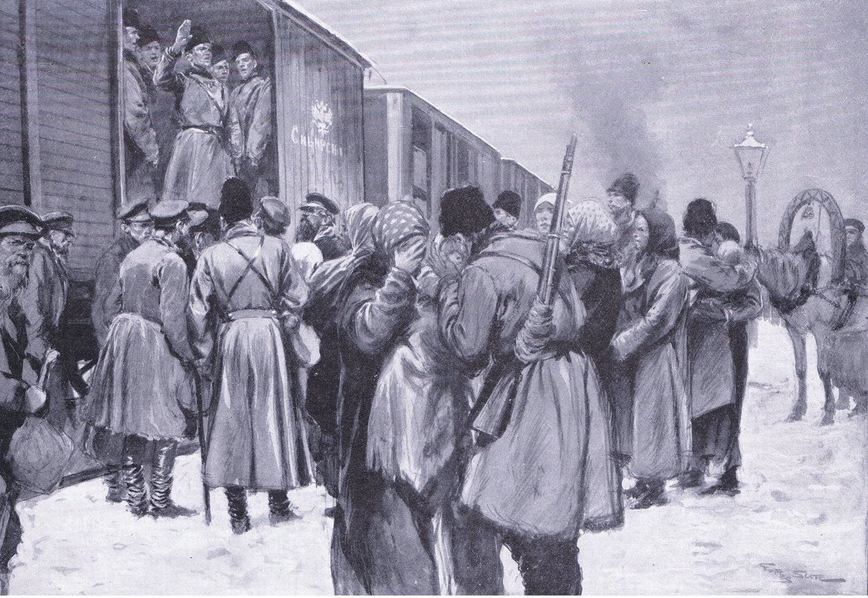 Wyjazd wojsk rosyjskich na Daleki Wschód, ilustracja z Cassells History of the rosyjsko-japońskiej wojny t. 1, ok. 1900 autorstwa George Soper