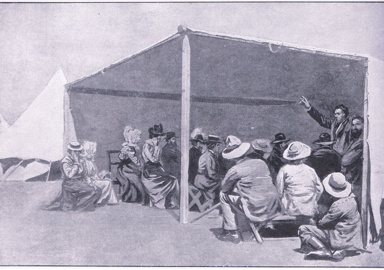 Boska służba w obozie dla uchodźców Burów, z książki After Pretoria: The Guerilla War wydanej przez Harmsworth Bros Limited, 1901 autorstwa George Soper