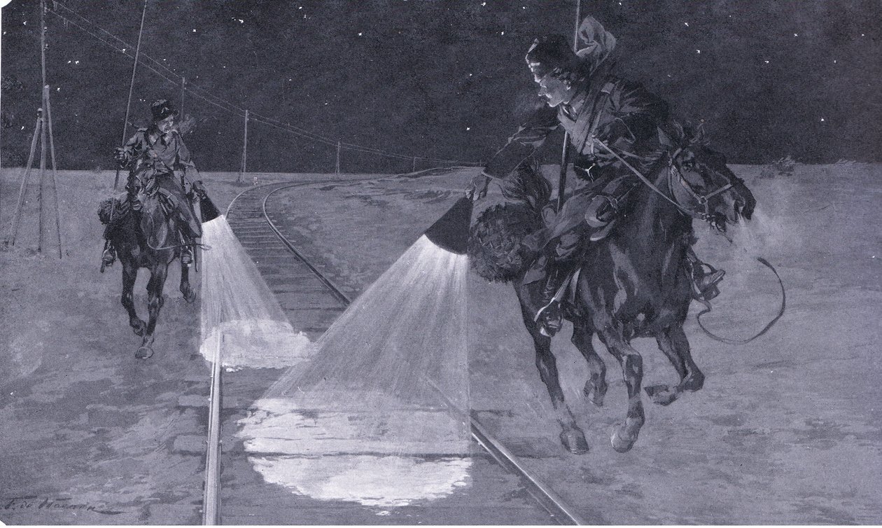 Na kolei mandżurskiej: Nocny patrol, ilustracja z Historii wojny rosyjsko-japońskiej Cassells, t. 1, ok. 1900 autorstwa George Soper