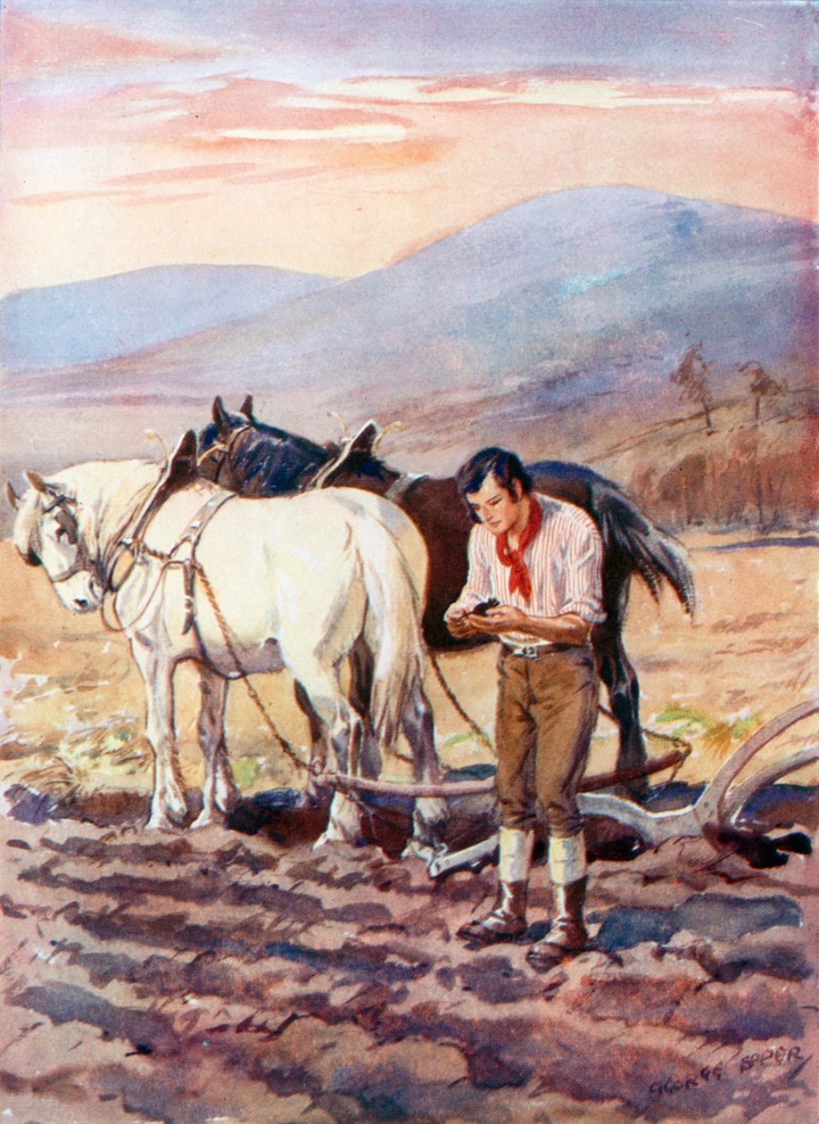 Robert Burns przy pługu (kolorowa litografia) autorstwa George Soper