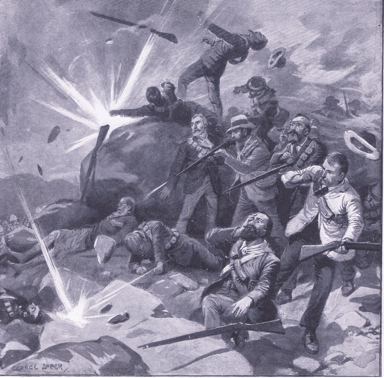 Ostatni bastion policji z Johannesburga w Bergendal, ilustracja z filmu After Pretoria: The Guerilla War, 1902 autorstwa George Soper