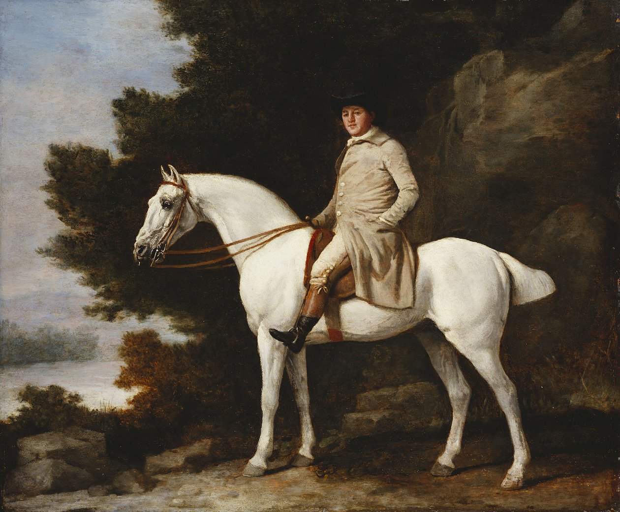 Dżentelmen na szarym koniu w skalistym, leśnym krajobrazie, 1781 autorstwa George Stubbs