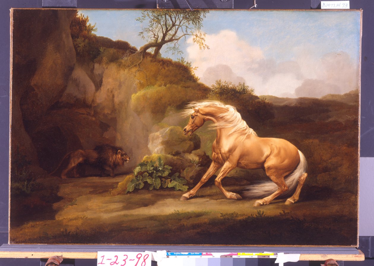 Koń przestraszony przez lwa, ok. 1790-5 autorstwa George Stubbs