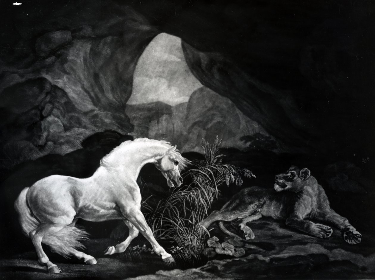 Koń spłoszony przez lwicę, grawerowany przez Benjamina Greena, 1774 autorstwa George Stubbs