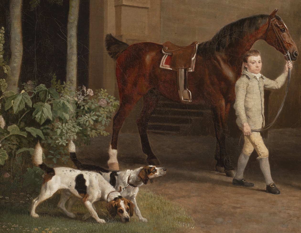 Szczegół: William Henry Cavendish Bentinck, 3. książę Portland przed stajniami jeździeckimi opactwa Welbeck, 1766-7 autorstwa George Stubbs
