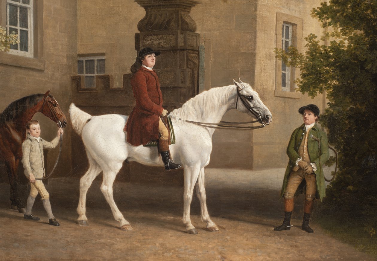 Szczegół: William Henry Cavendish Bentinck, 3. książę Portland przed stajniami jeździeckimi opactwa Welbeck, 1766-7 autorstwa George Stubbs