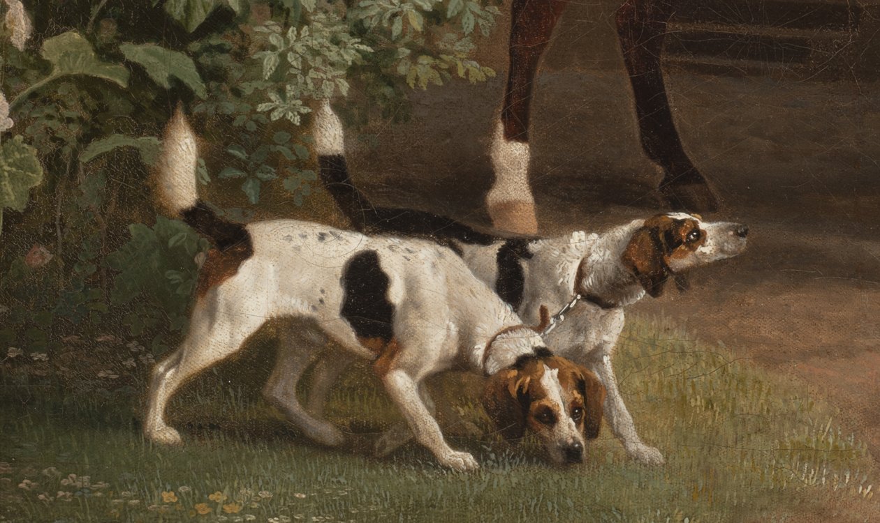 Szczegół: William Henry Cavendish Bentinck, 3. książę Portland przed stajniami jeździeckimi opactwa Welbeck, 1766-7 autorstwa George Stubbs