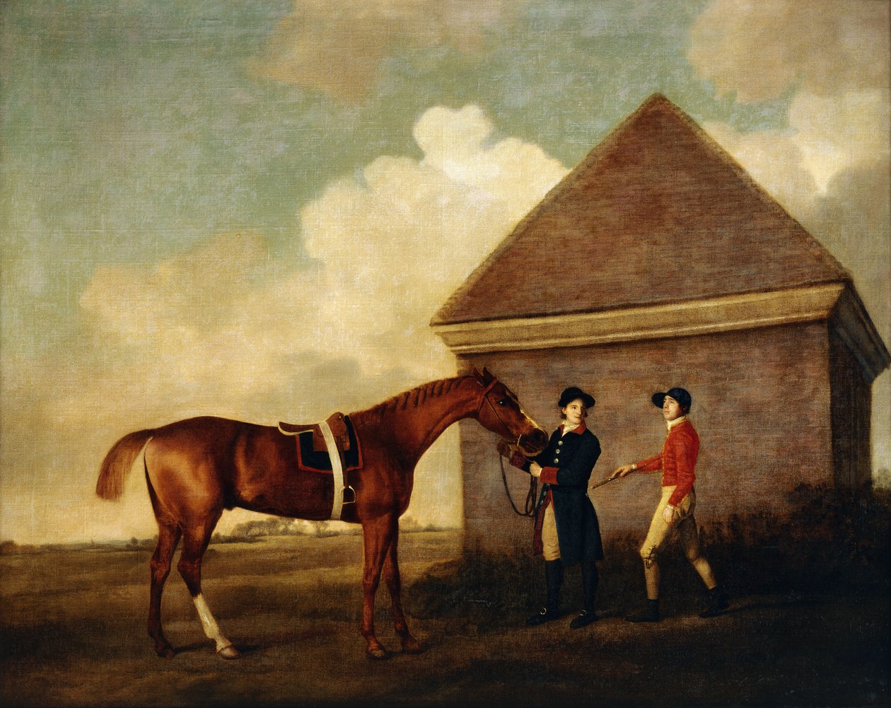 „Eclipse”, ciemnokasztanowy koń wyścigowy trzymany przez pana młodego z dżokejem, prawdopodobnie Jackiem Oakleyem, przez Rubbing Down House w Newmarket, 1770 autorstwa George Stubbs