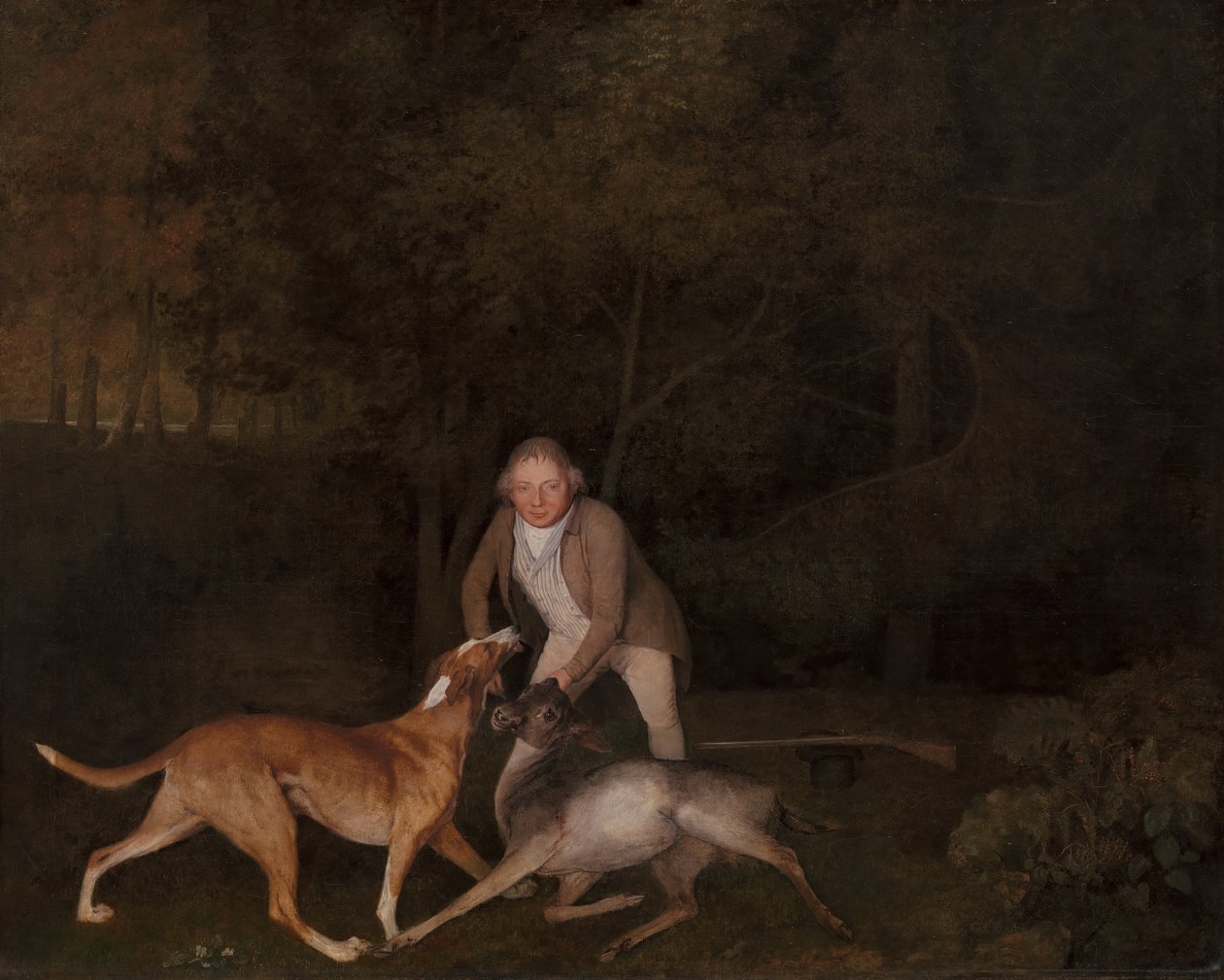 Freeman, gajowy hrabiego Clarendon, z umierającą łanią i ogarem, 1800. autorstwa George Stubbs