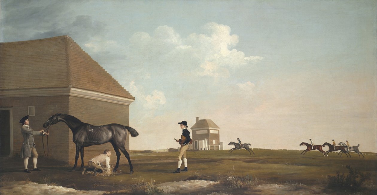 Gimcrack na Newmarket Heath, z trenerem, stajennym i dżokejem, 1765 autorstwa George Stubbs