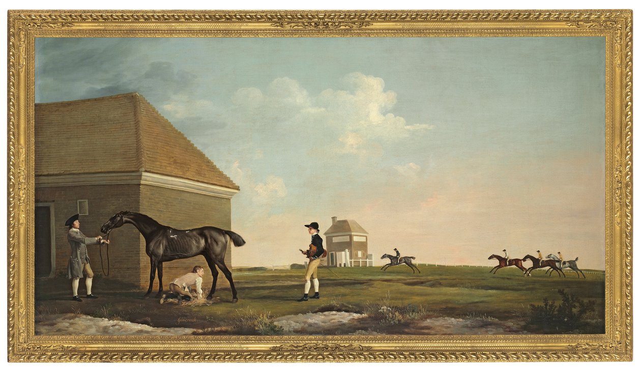 Gimcrack na Newmarket Heath z trenerem, dżokejem i stajennym autorstwa George Stubbs