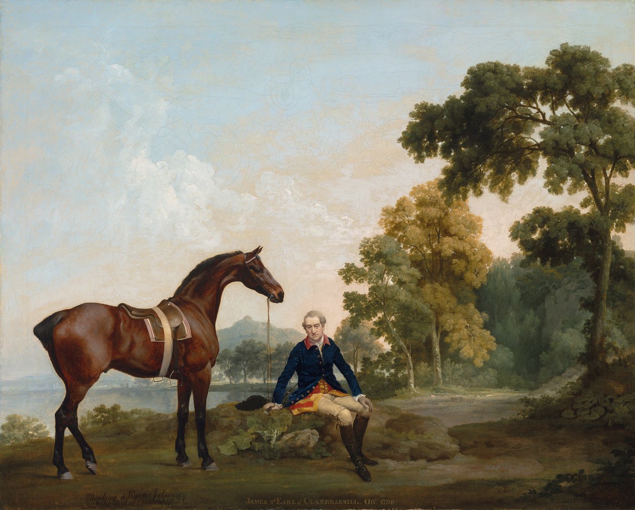 James Hamilton, 2. hrabia Clanbrassil (1730-1798), ze swoim łowcą zatok Mowbray, odpoczywa na zalesionej ścieżce nad jeziorem autorstwa George Stubbs