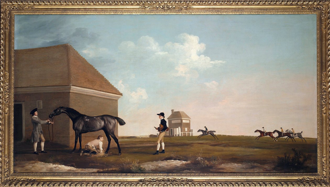 „Koń wyścigowy Gimcrack w Newmarket Heath z trenerem, chłopcem i dżokejem” Obraz George