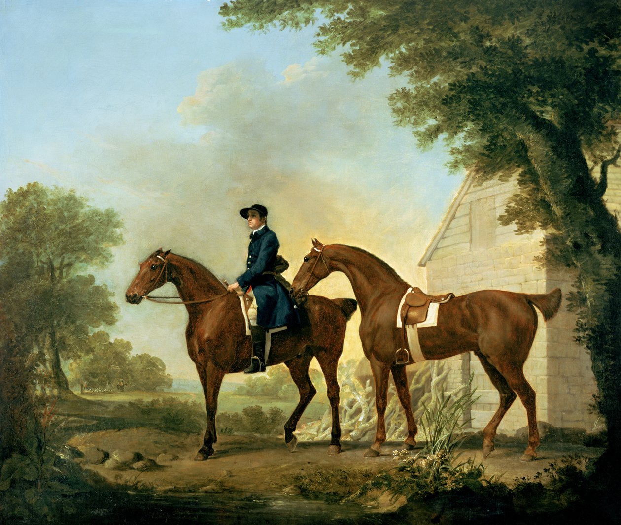 Łowcy pana Crewe z panem młodym w pobliżu drewnianej stodoły (olej na płótnie) autorstwa George Stubbs