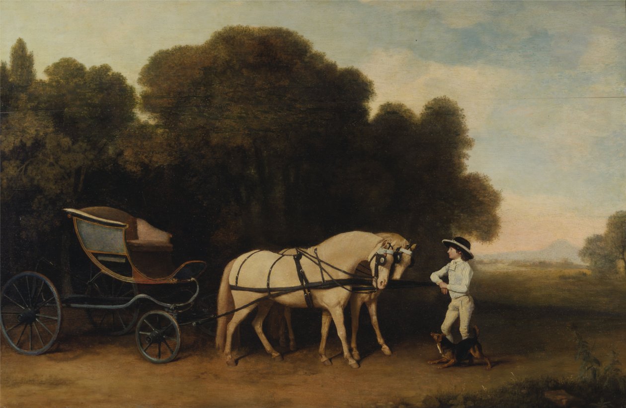 Phaeton z parą kremowych kucyków i chłopcem stajennym autorstwa George Stubbs