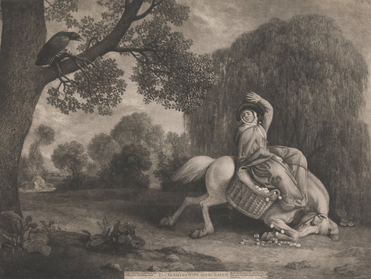 Grawerowana przez artystę żona rolnika i kruk, wyd. 1788 (patrz także 123112) autorstwa George Stubbs