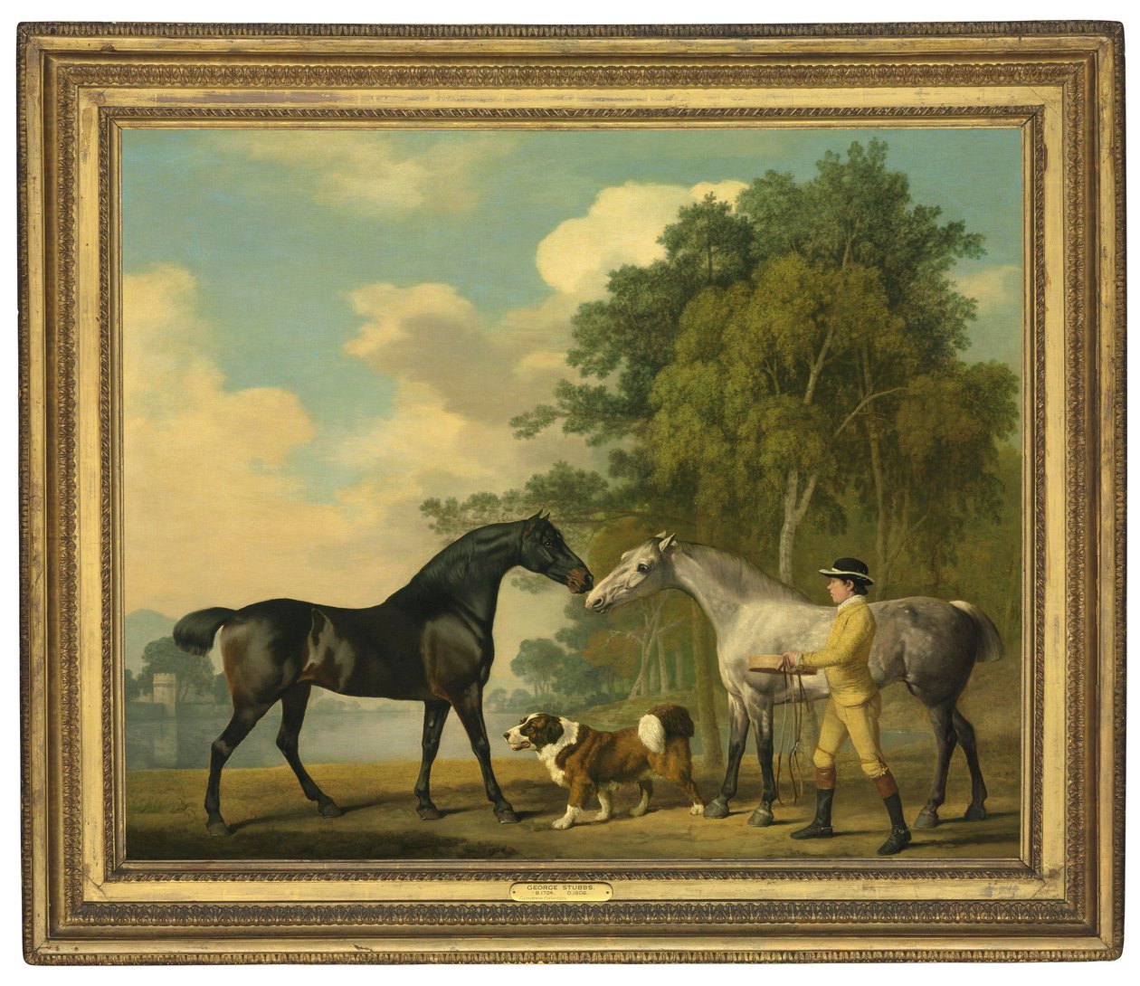 Dwóch myśliwych z młodym stajennym i psem nad jeziorem, 1778 autorstwa George Stubbs