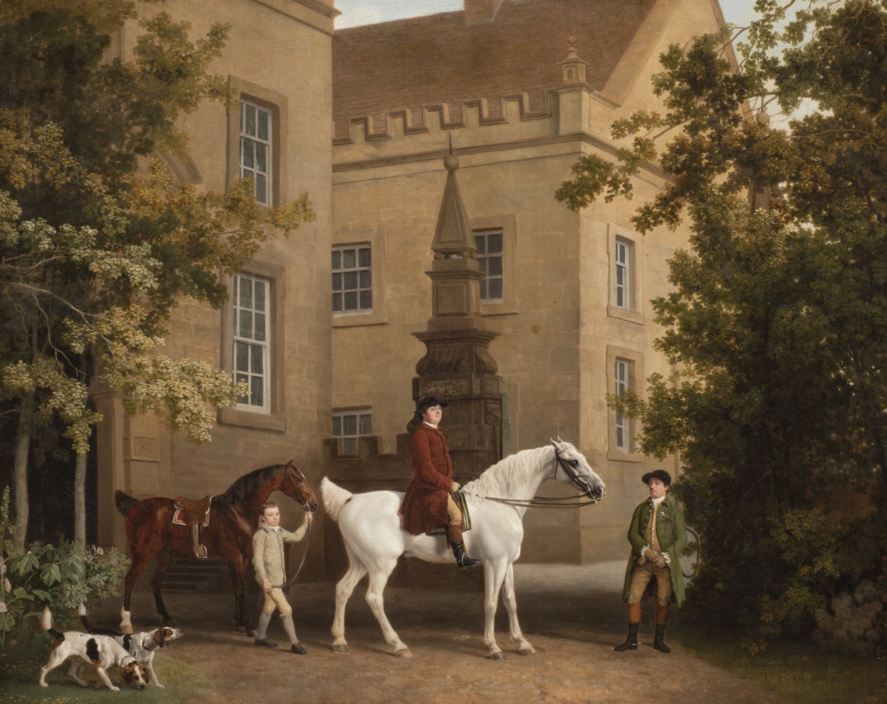 William Henry Cavendish Bentinck, 3. książę Portland przed stajniami jeździeckimi opactwa Welbeck, 1766-7 autorstwa George Stubbs