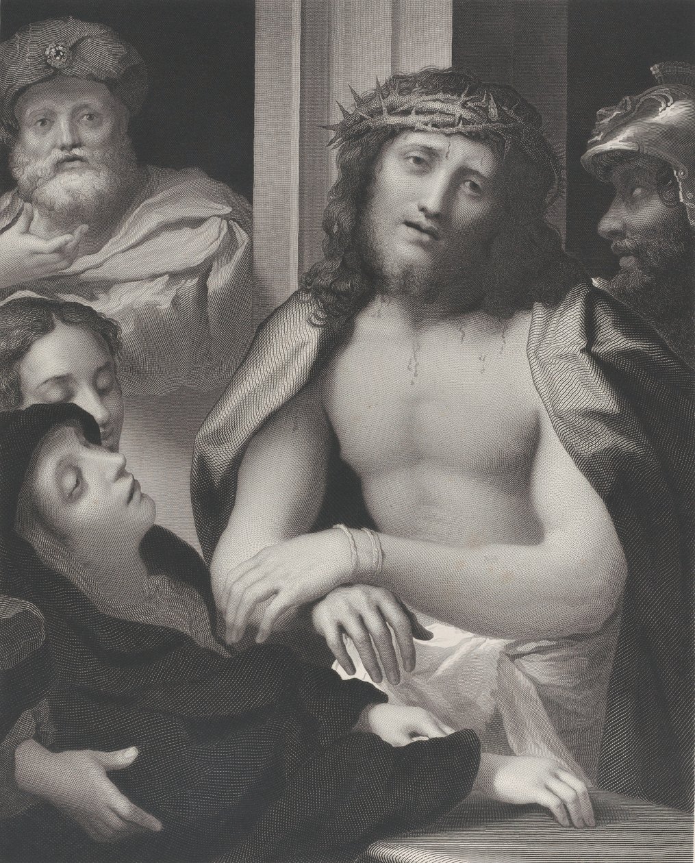 Ecce Homo, z Poncjuszem Piłatem za nim po lewej stronie, Dziewica mdlejąca na dole po lewej i ..., 1850. autorstwa George Thomas Doo