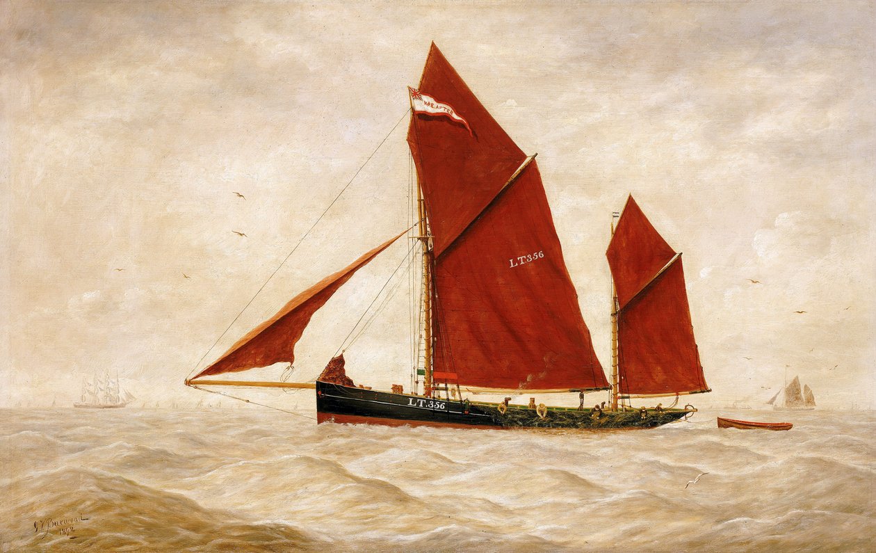 Trawler rybacki Lowestoft Company z charakterystycznymi czerwonymi żaglami. Olej na płótnie autorstwa George Vempley Burwood