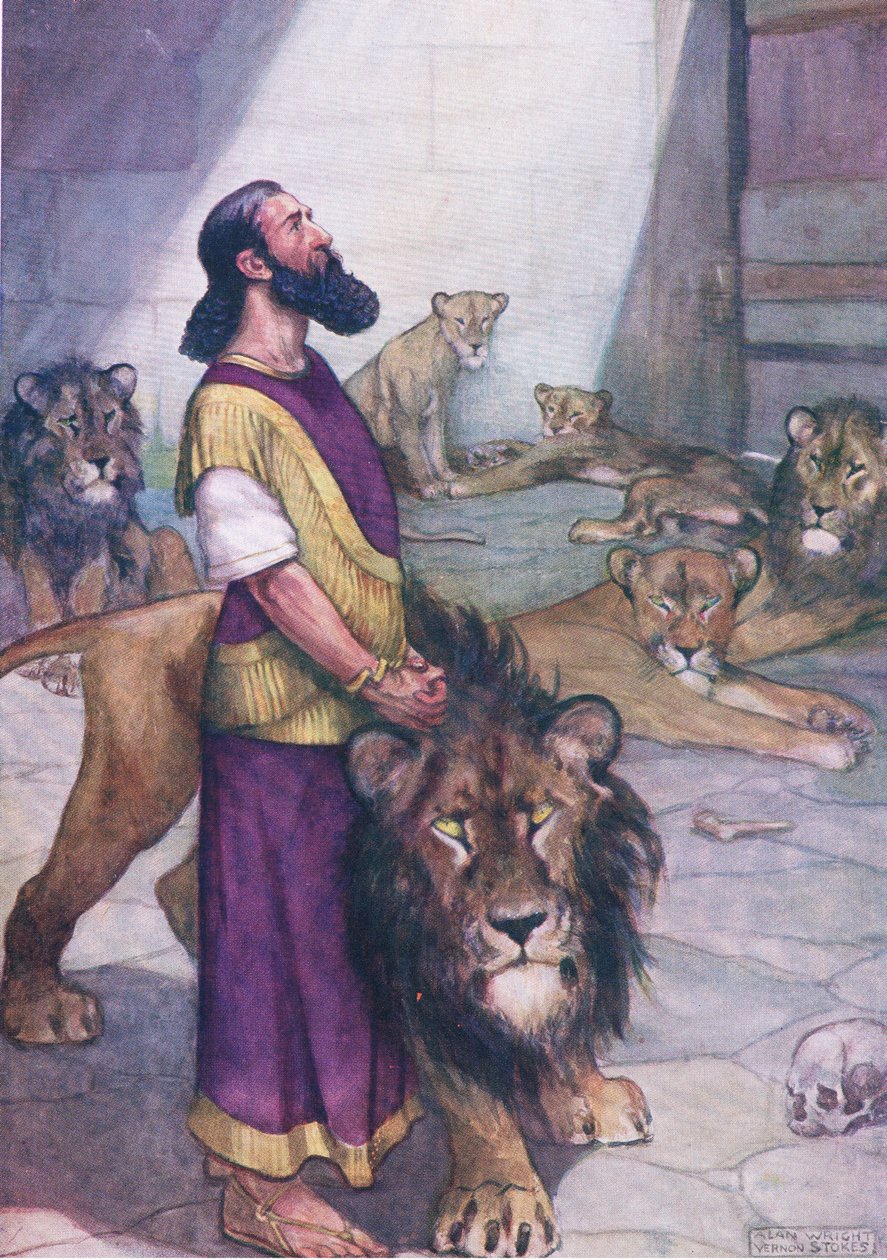 Daniel w jaskini lwów, z książki The Bible Picture Book opublikowanej przez Thomas Nelson, ok. 1950 r. (litografia) autorstwa George Vernon Stokes