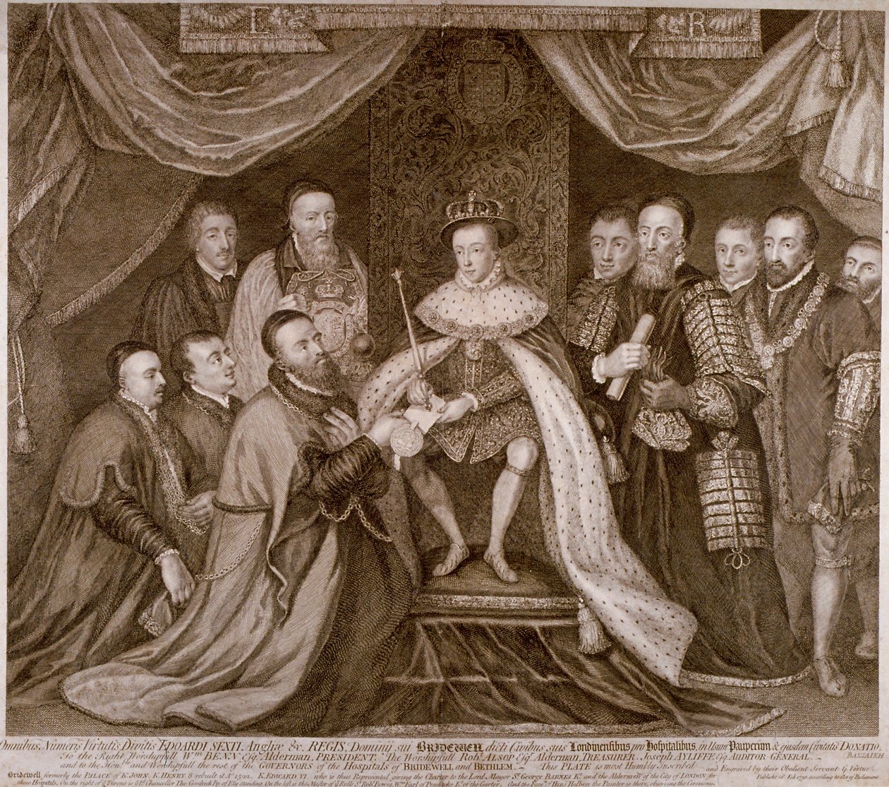 Edward VI podpisujący statut dający Bridewell londyńskiemu City za przytułek, 1552 1750 autorstwa George Vertue