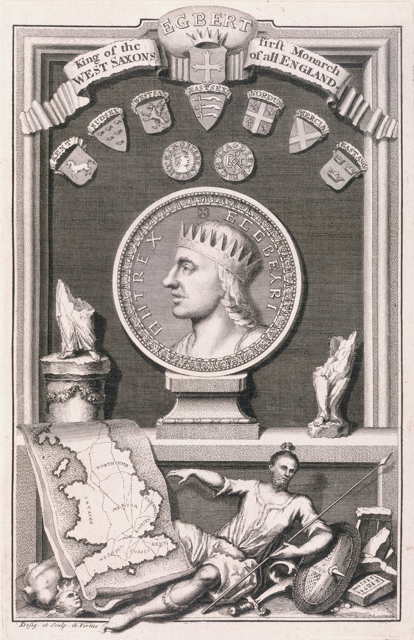 Egbert (zm.839) król Sasów Zachodnich, pierwszy monarcha całej Anglii, ryty przez artystę (grafika) autorstwa George Vertue