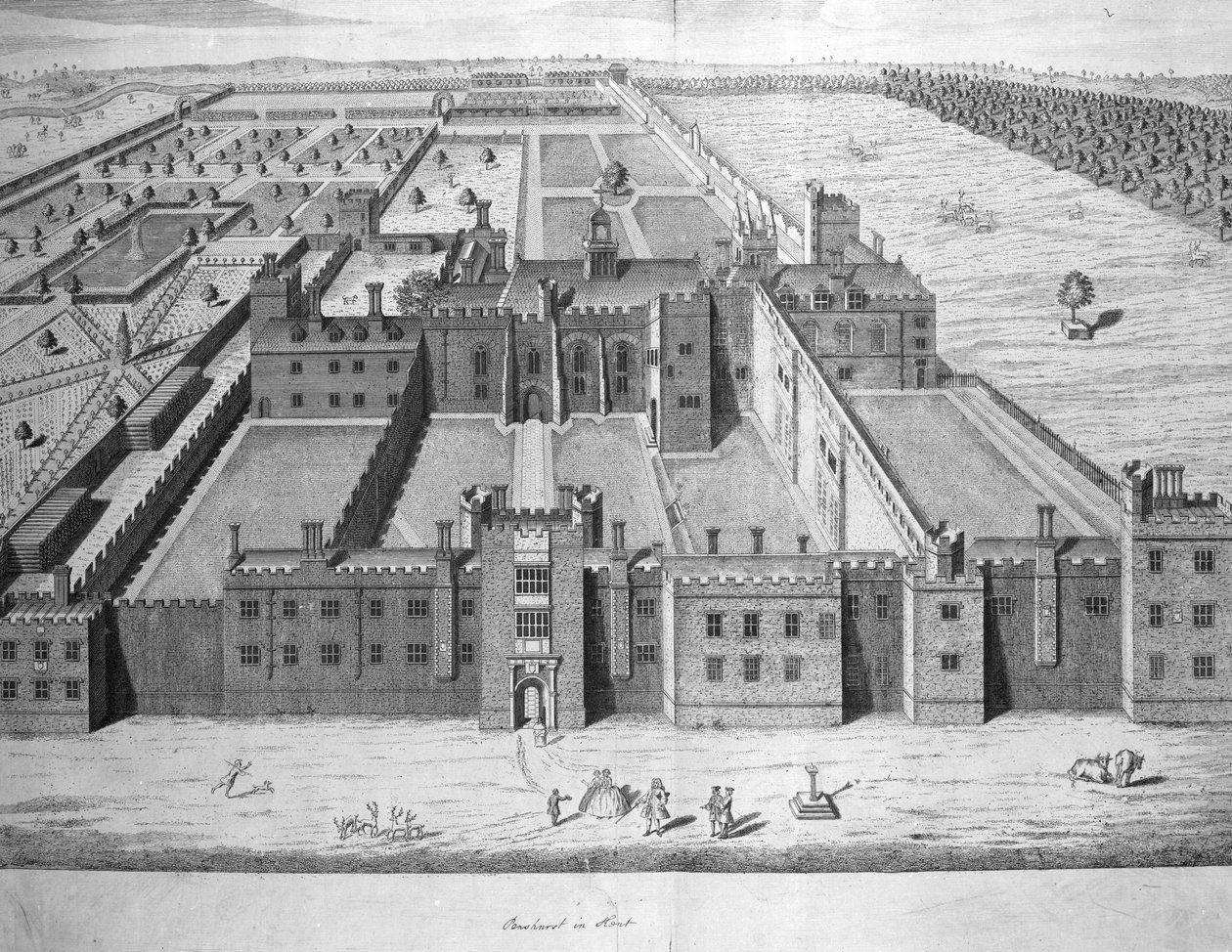 Penshurst Place, z „Historii i topograficznego przeglądu hrabstwa Kent” Edwarda Halsteada, 1747 autorstwa George Vertue