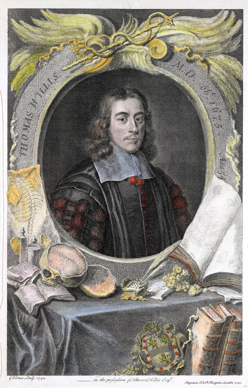 Portrait du medecin anglais Thomas Willis (1622-1675).Thomas Willis (1621-1675) angielski lekarz.Ręcznie kolorowana rycina autorstwa angielskiego grafika George