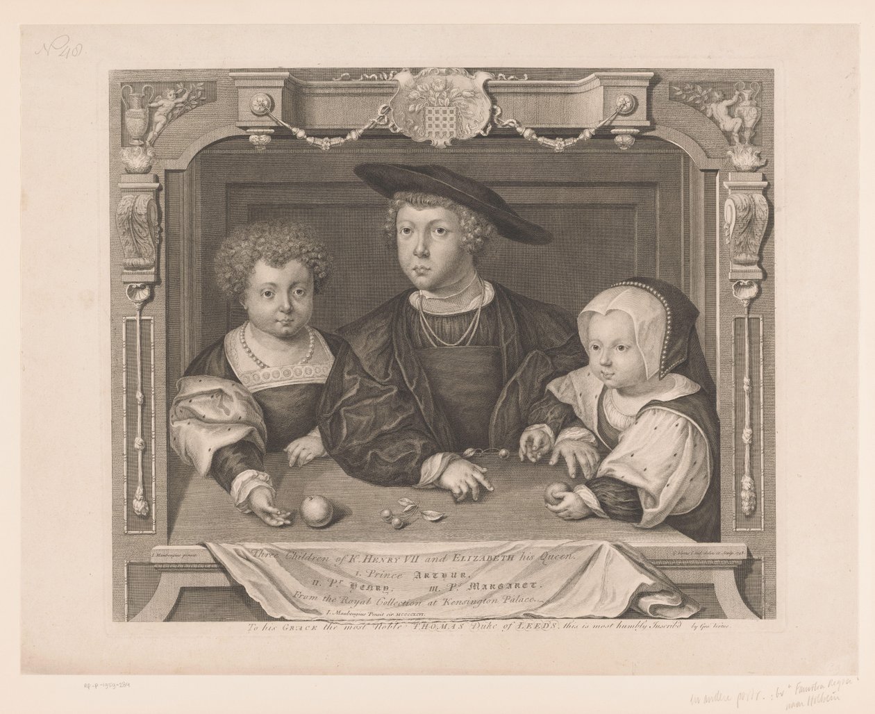 Portret van Dorothea, Johan en Christina van Denemarken Troje dzieci K. Henryka VII i jego królowej Elżbiety. I. Książę Artur, II. Ks. Henryk III. Ps. Małgorzata (tytuł na obiekcie) Portretten van de Tudors (tytuł serii) Portrety historyczne (seria autorstwa George Vertue