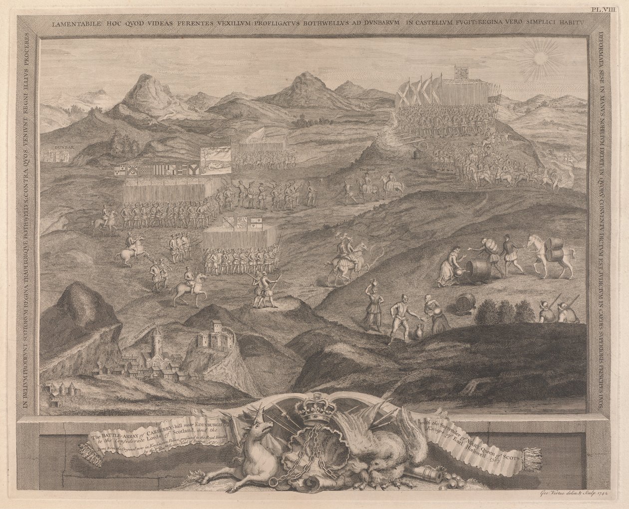 Tablica bitewna Carberry-hill niedaleko Edynburga z kapitulacją Marii, królowej Szkotów, konfederackim lordom Szkocji i ucieczką hrabiego Bothwella, 1567 autorstwa George Vertue