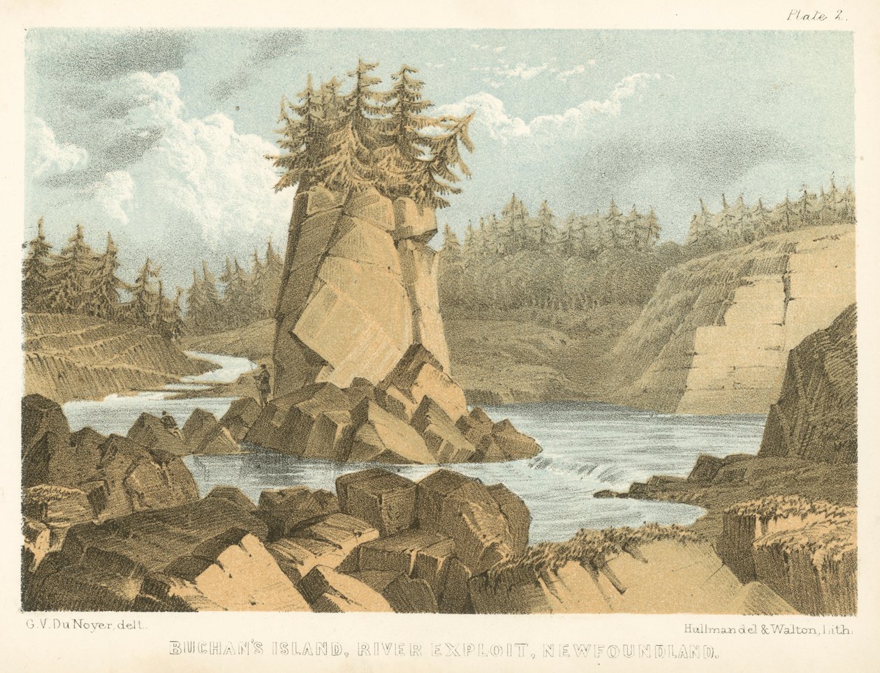Wyspa Buchana, River Exploit, Nowa Fundlandia (kolorowy grawerunek) autorstwa George Victor Du Noyer