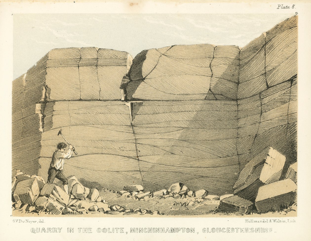 Kamieniołom w Oolite, Minchinhampton, Gloucestershire (kolorowy grawerunek) autorstwa George Victor Du Noyer