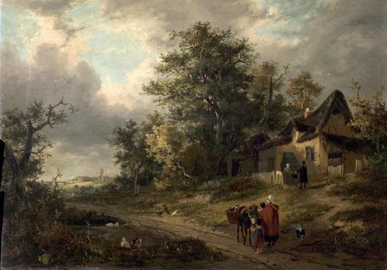 Pejzaż z chatami i druciarzem, 1828 autorstwa George Vincent